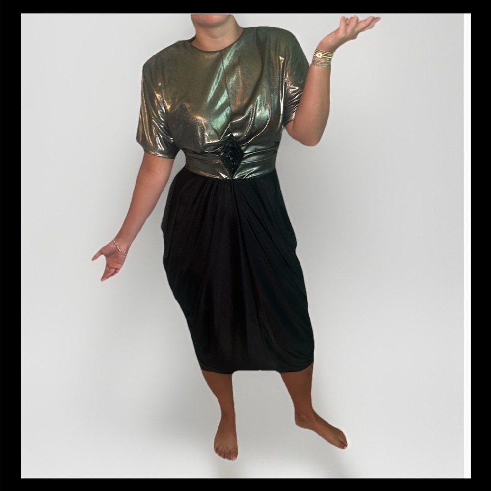 VTG 70s 80s Art Deco Disco Silver & Black Drop Jersey Party Dress 12